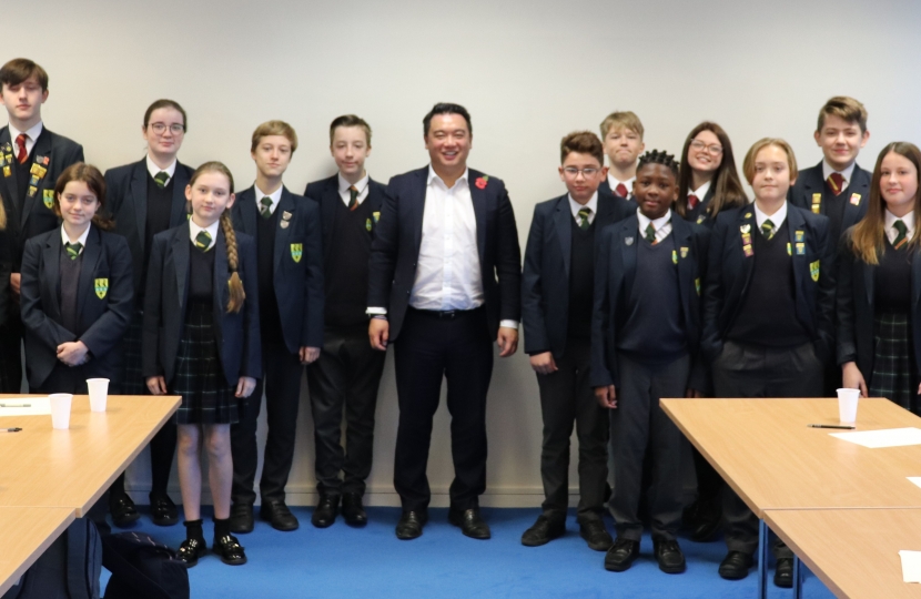 -	Local MP Alan Mak met students at the Crookhorn College to discuss all things Parliament and Politics during this year’s Parliament Week 