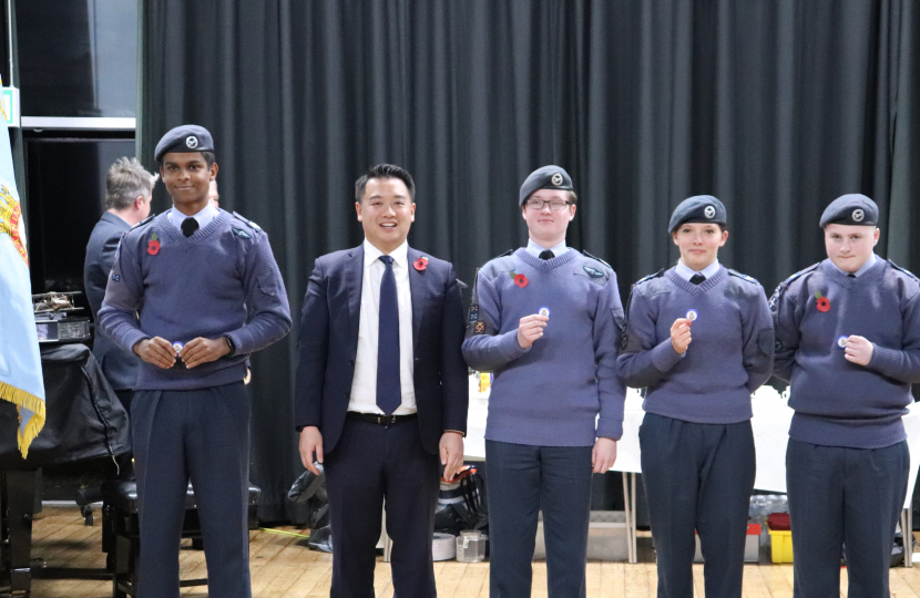 Local MP Alan Mak presents commemorative coins to RAF air cadets at 2327 (Havant) Squadron after they win prestigious national prize