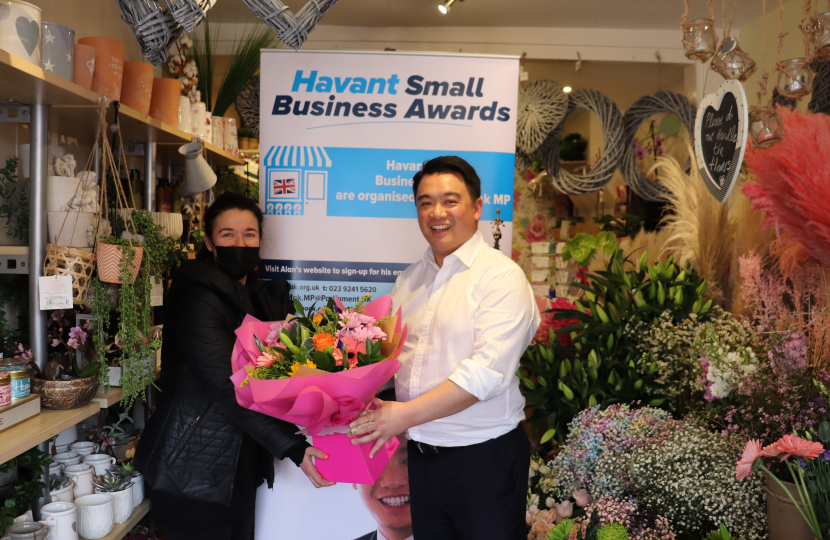 Local MP Alan Mak met Carli Strugnell at Citrus Flowers in Emsworth to launch the 2022 Small Business Awards