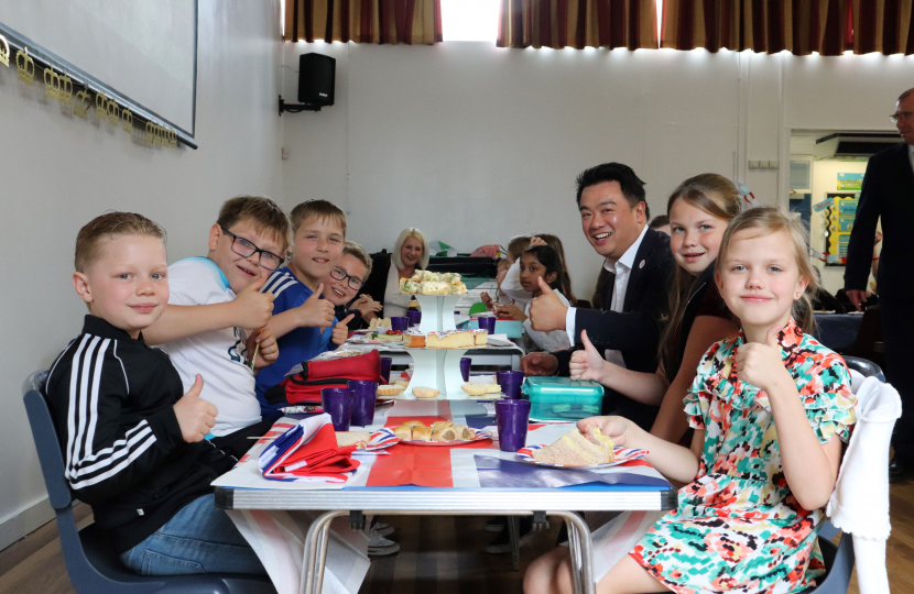 Local MP Alan Mak joined pupils at Purbrook Junior School for a Coronation Lunch [1]