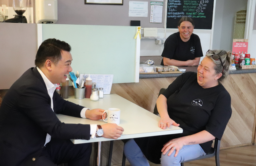 Local MP Alan Mak helps family celebrate first year running popular Up The Creek cafe on Hayling Island