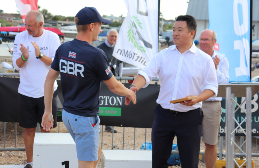 Local MP Alan Mak presents prizes at 2023 International Laser Class Association (ILCA) UK National Championships sailing regatta at Hayling Island Sailing Club